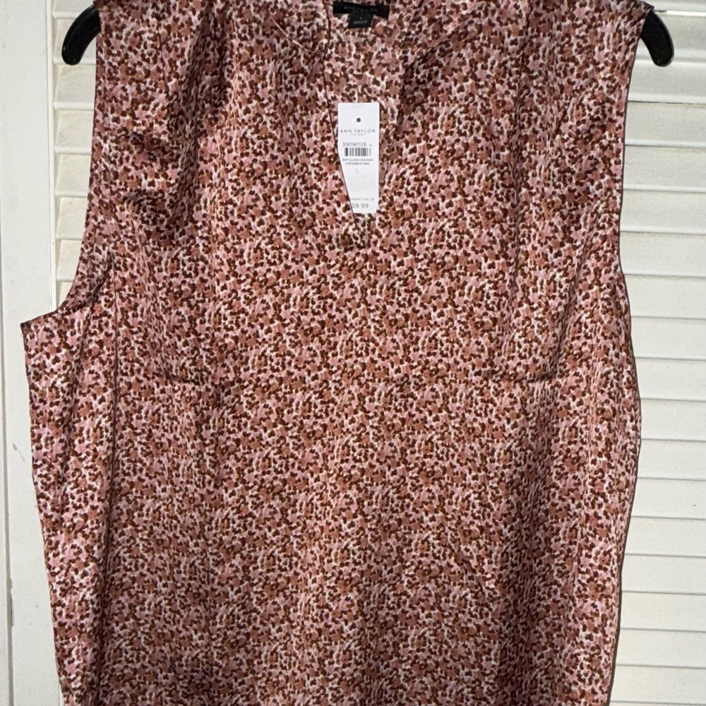 Ann Taylor Factory Pink and Brown Floral Sleeveless V-Neck Blouse